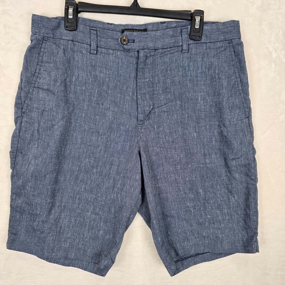Banana Republic Emerson Shorts Mens 36 Blue Linen Blend Flat Front Crosshatch